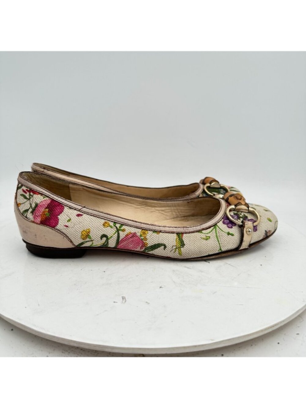 Gucci Women Size 6.5B Flora canvas ballet Leather Bamboo horsebit Flat Shoes - Picture 4 of 11
